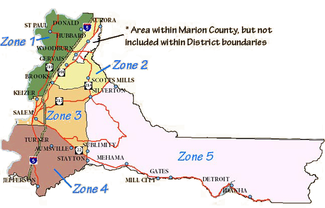 a map of Marion County showing the five zones. Zone 1 is in the northwest, zone 2 is in the northeast, zone 3 is the central area of Marion County, Zone 4 is the southwest, and zone 5 is the eastern area of the county.