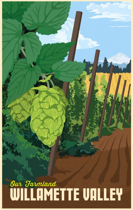 hops in foreground with hops field in mid ground and fields in back