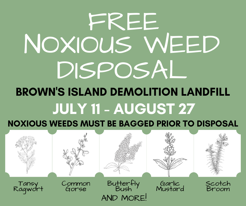 a green square graphic with the title and dates of the event as well as images of noxious weeds.