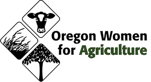 a crop a cow and a tree in diamonds on left and the words Oregon Women for Agriculture to the right