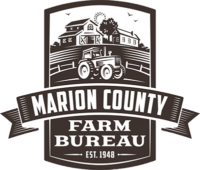 a banner across a portrait orientation rectangle says Marion County with Farm Bureau beneath and a farm and tractor above.