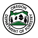 a circle with the words Oregon Department of Forestry and in center the shape of the state of Oregon with a white banner across and two trees a beetle and a mushroom