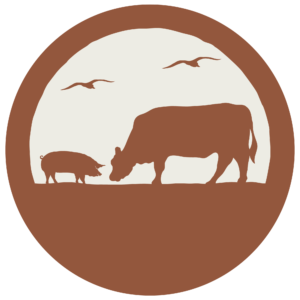 A pig and cow grazing in a field with birds overhead on brown background circle.