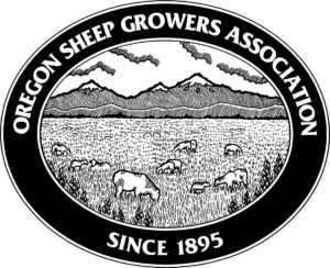 an oval emblem with sheep grazing in a field and snowcapped mountains behind