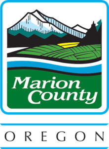 background of trees, foreground of fields, white and blue swoop, and the words Marion County