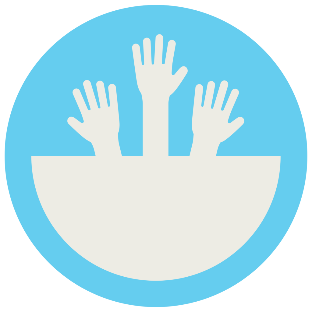 three raised hands in a light blue circle