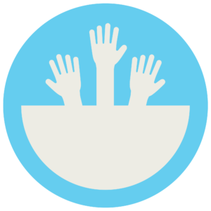 three raised hands in a light blue circle