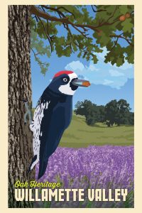 acorn woodpecker on trunk of oak tree with camas in foreground and oaks on a hill in background