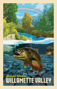an illustration with a female salmon in a stream seen from below and lush riparian vegetation and a rainbow in the background.