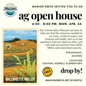 a graphic showing the MSWCD logo, an illustration of a grass seed field being mowed, and the event details. Drop by the ag open house at Central Howell Elementary between 6-8 pm on April 24. Refreshments provided!