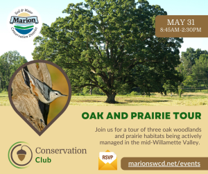 a graphic with a tan background and a photo of a heritage oak and a white breasted nut hatch that describes the oak and prairie tour and encourages people to RSVP.