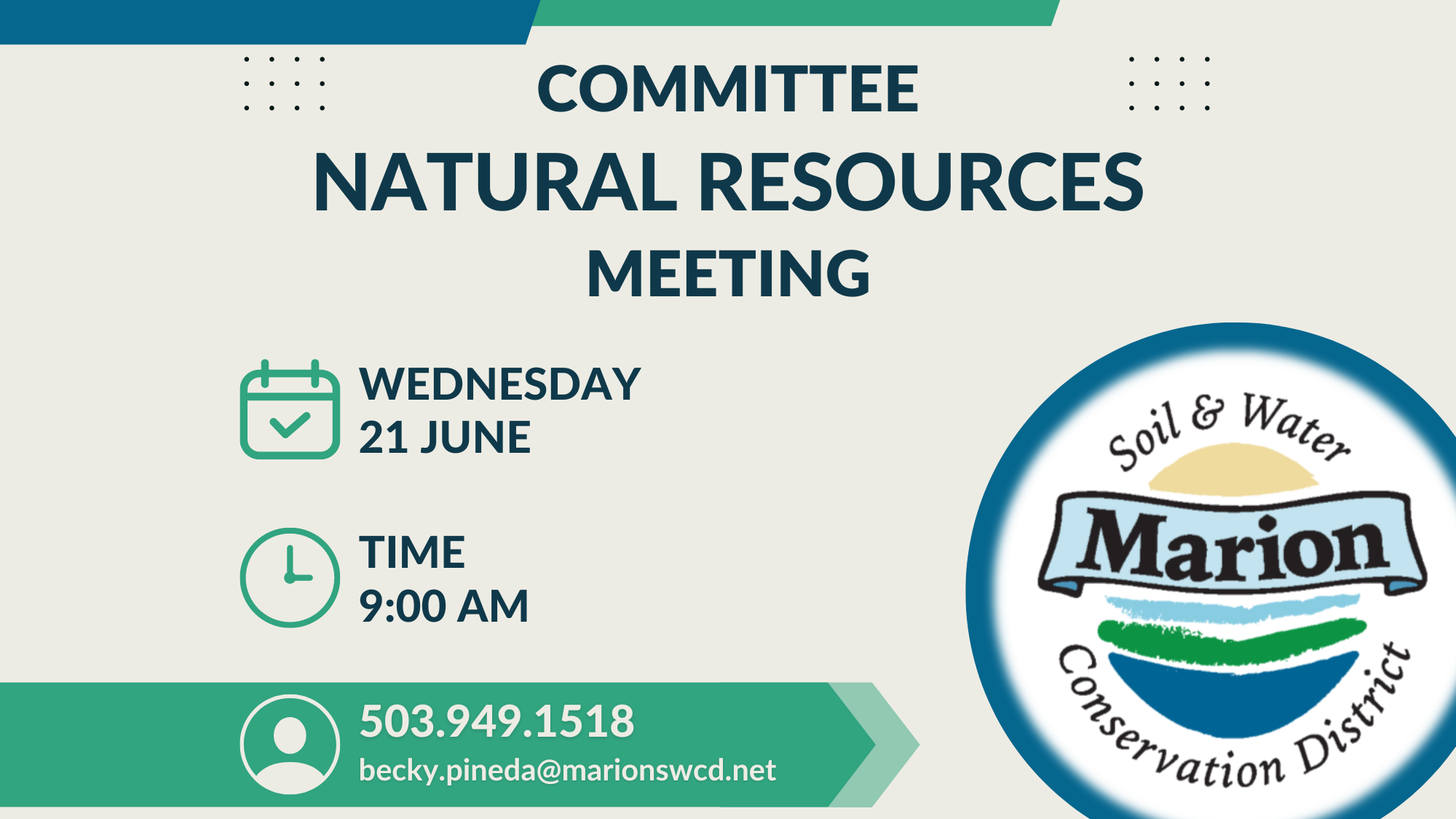 A graphic announcing the Natural Resources Committee meeting on June 21 at 9 am. Contact becky.pineda@marionswcd.net or call 503-949-1518.
