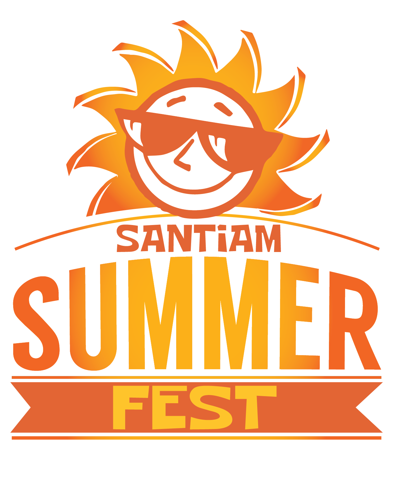 an orange and yellow logo with a big smiling sun wearing sunglasses at top and the the words Santiam Summer Fest below.