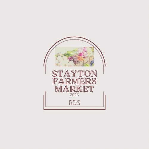a blush colored graphic with an image of produce and the words Stayton Farmers Market RDS