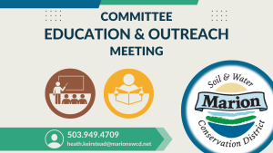 a graphic with icons of a student reading and a teacher lecturing, the MSWCD logo, Committee Chair Heath Keirstead heath.keirstead@marionswcd.net, Education & Outreach Committee Meeting