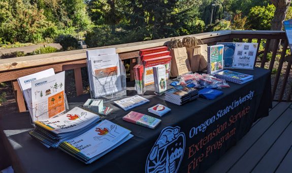 a table outside on a deck with tons of resources related to fire safety and emergency preparedness