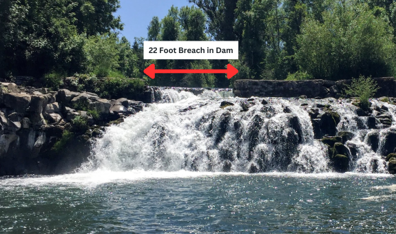 Photo of the Scotts Mills Dam and the waterfall. A red double headed arrow marks the 22 foot breach in the dam.