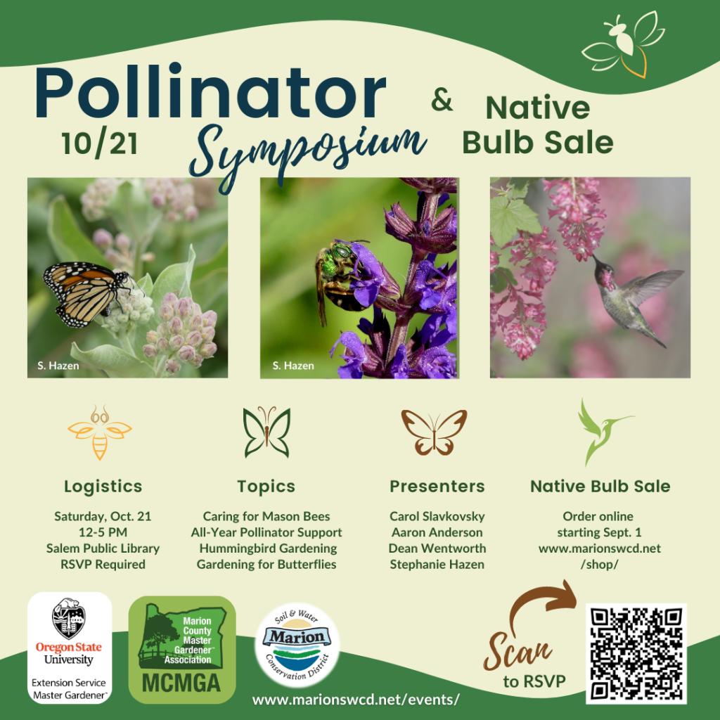 a square graphic in shades of green that says POllinator Symposium and Native Bulb Sale and includes a summary of the info found on the event page plus three photos - a monarch on milkweed, a metallic bee on a purple flower, and a hummingbird visiting red flowering currant.