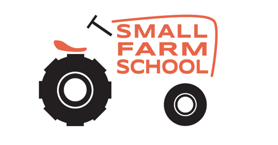 an orange tractor made out of the words Small Farm School with black tires and a black steering wheel