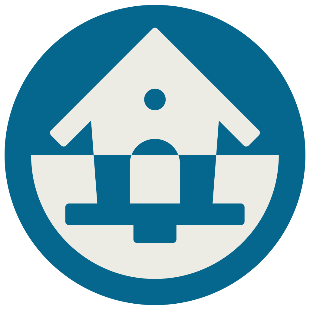 a simple birdhouse icon on a blue circle background
