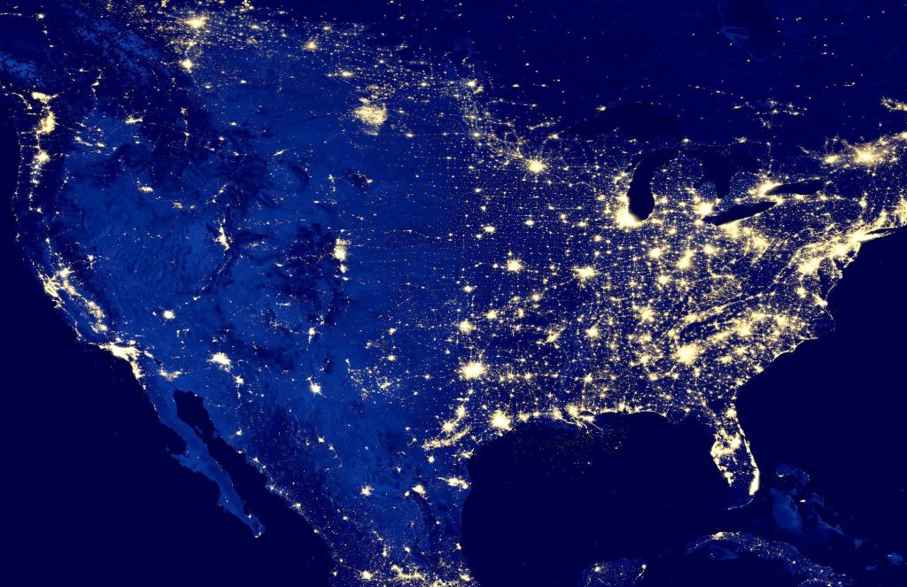 A map of the United States at night showing where there is light pollution. 