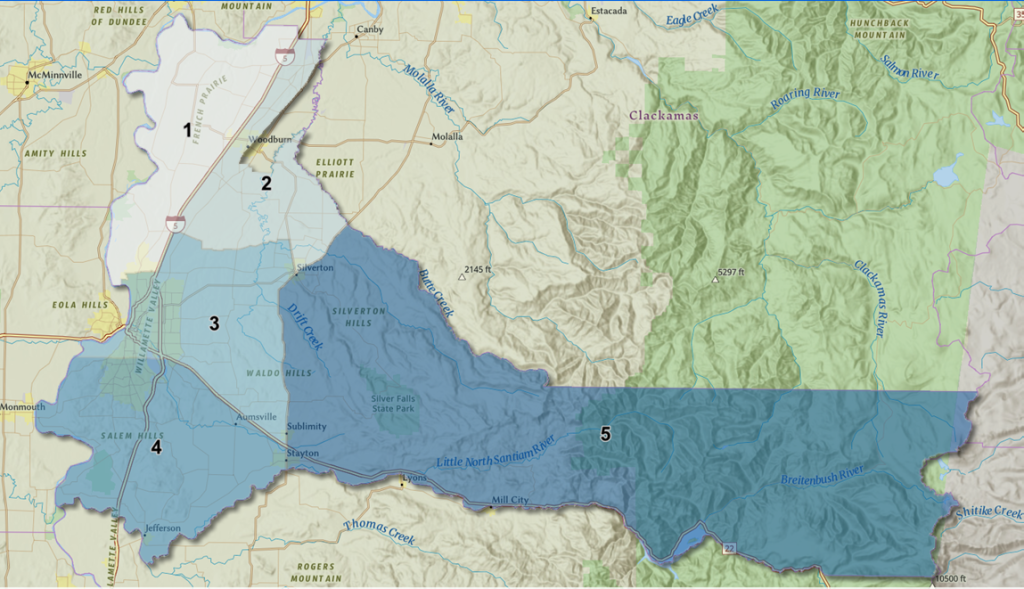 a map of the zones of Marion SWCD. different zones are shaded different colors of blue.