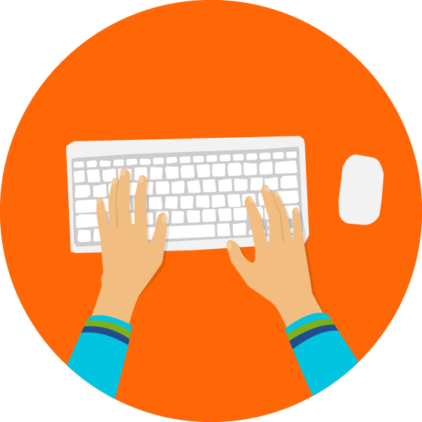 white hands with blue sleever typing on a keyboard with orange background