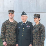 From left to right Jacob, their grandfather, and Pamela POntello in military uniforms on the day they promoted Jacob to Warrant Officer.