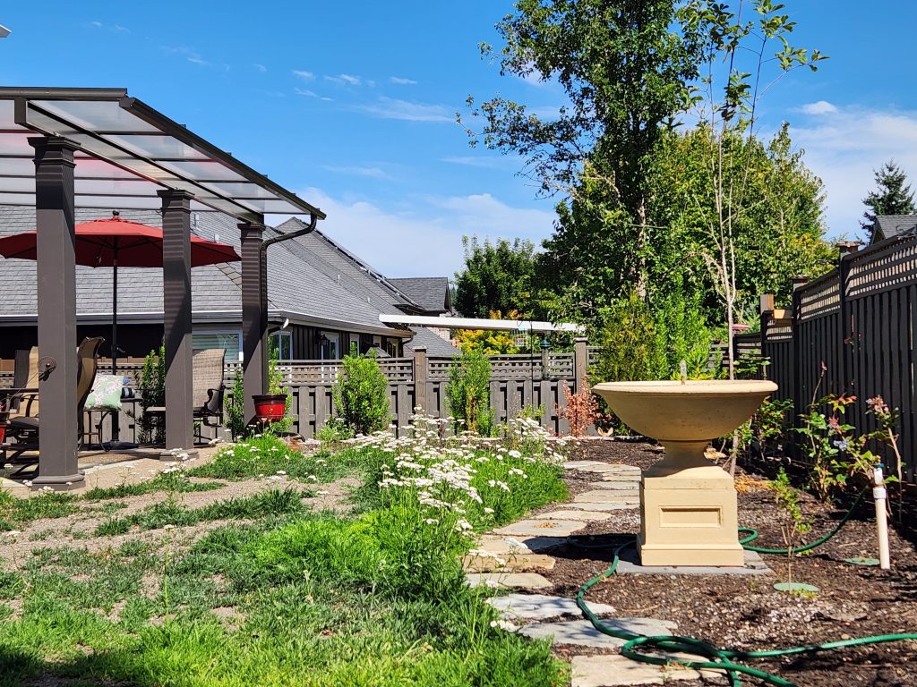 backyard landscaped with native plants with a water feature. walking path, and patio.