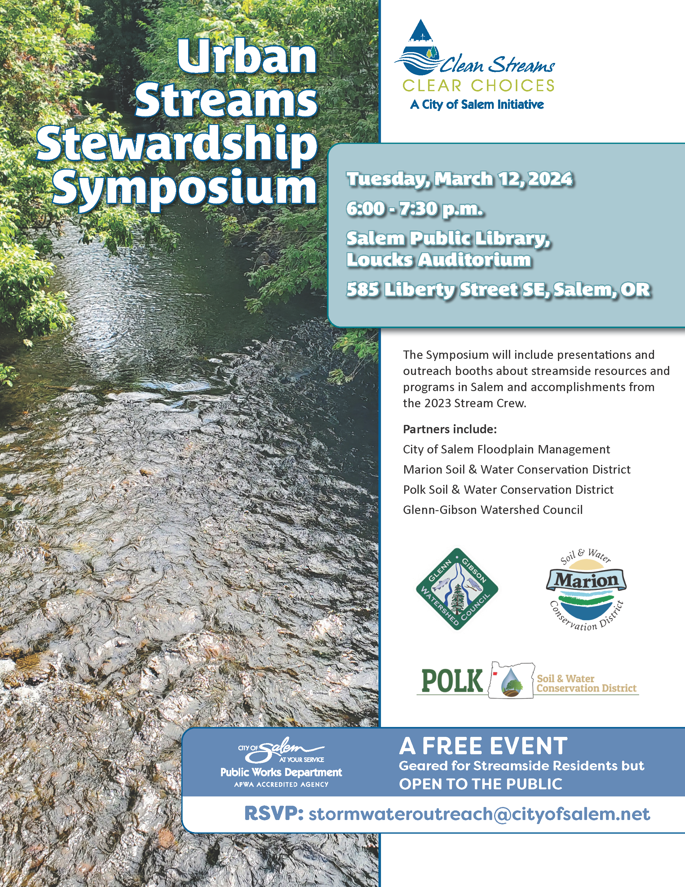 A flyer for the Urban Streams Stewardship Symposium with an image looking down on a stream from a bridge with leafed out trees overhanging the banks and the event description for March 12 2024 from 6-7:30 pm at the Salem public library.