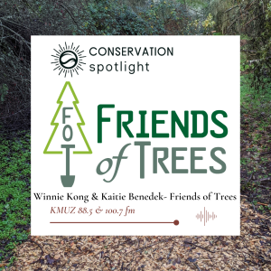 a photo of some mulch and groundcover plants with a white square in the center that has the Friends of Trees logo. the Conservation Spotlight logo, and a shares the names Winnie Kong and Kaitie Benedek, Friends of Trees