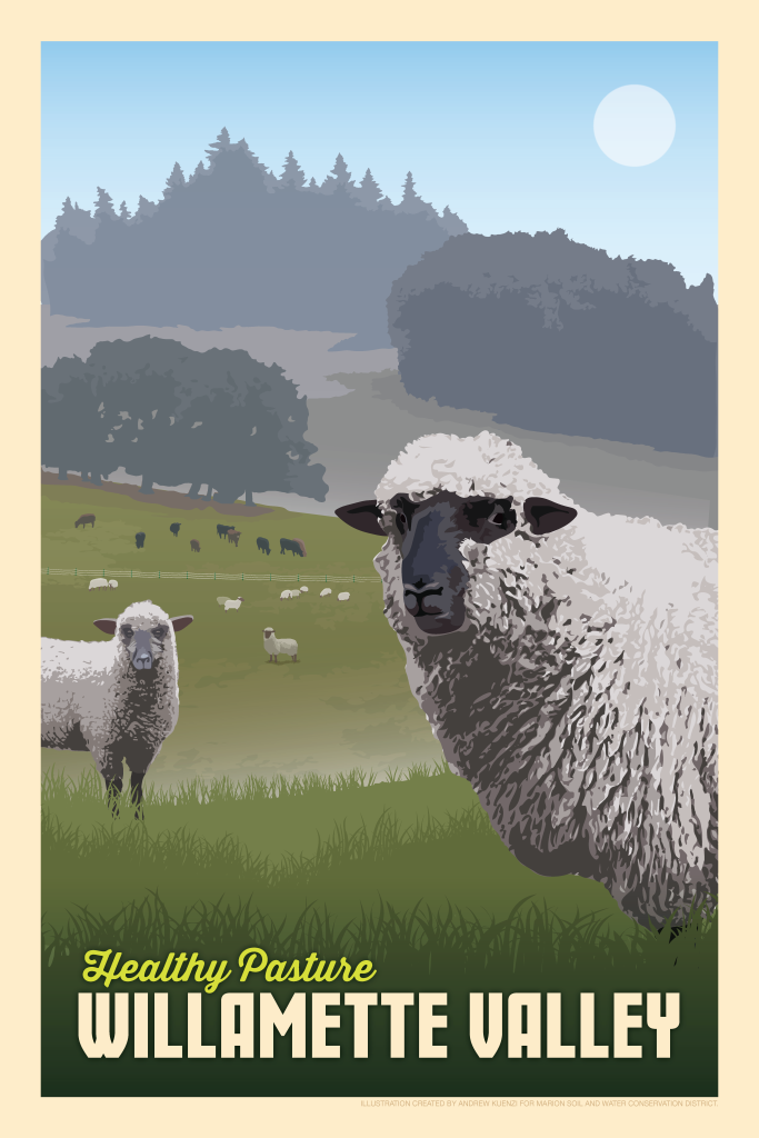 Sheep in a Willamette Valley Pasture. Dimensions are 16x24 with light tan border and the words Healthy Pasture Willamette Valley