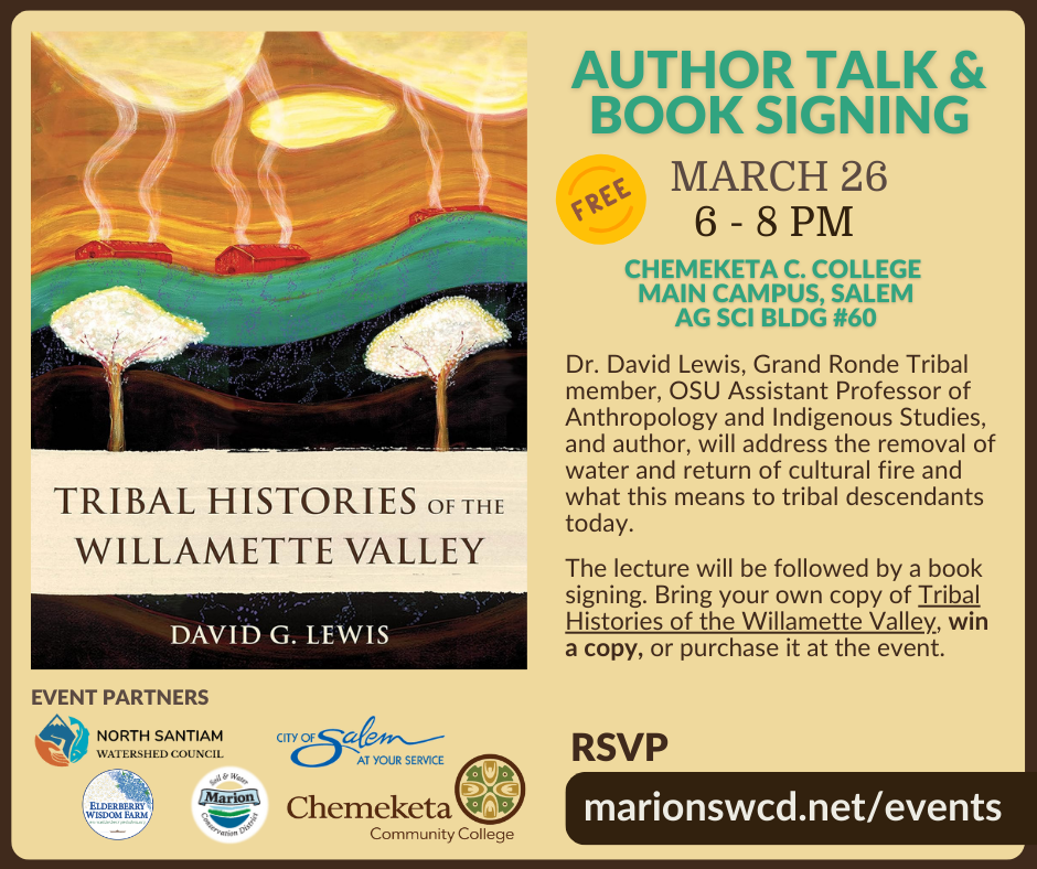 A graphic for the David Lewis talk with the book cover and event description and partners listed. The book cover is a painting of a landscape with hills and sun and clouds and trees and red buildings.