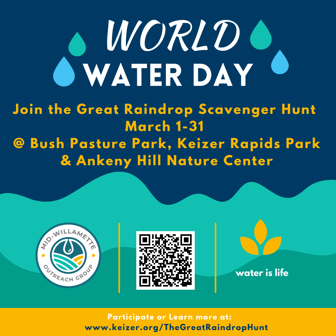 A graphic in blue and yellow for World Water Day with the MWOG logo and a QR code, some teal "waves" and info about the parks and dates of the event
