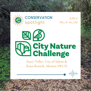 A woodland trail in background with the City Nature Challenge logo (green leaf shapes with buildings, bird, and leaf inside) up front announcing the March episode of Conservation Spotlight