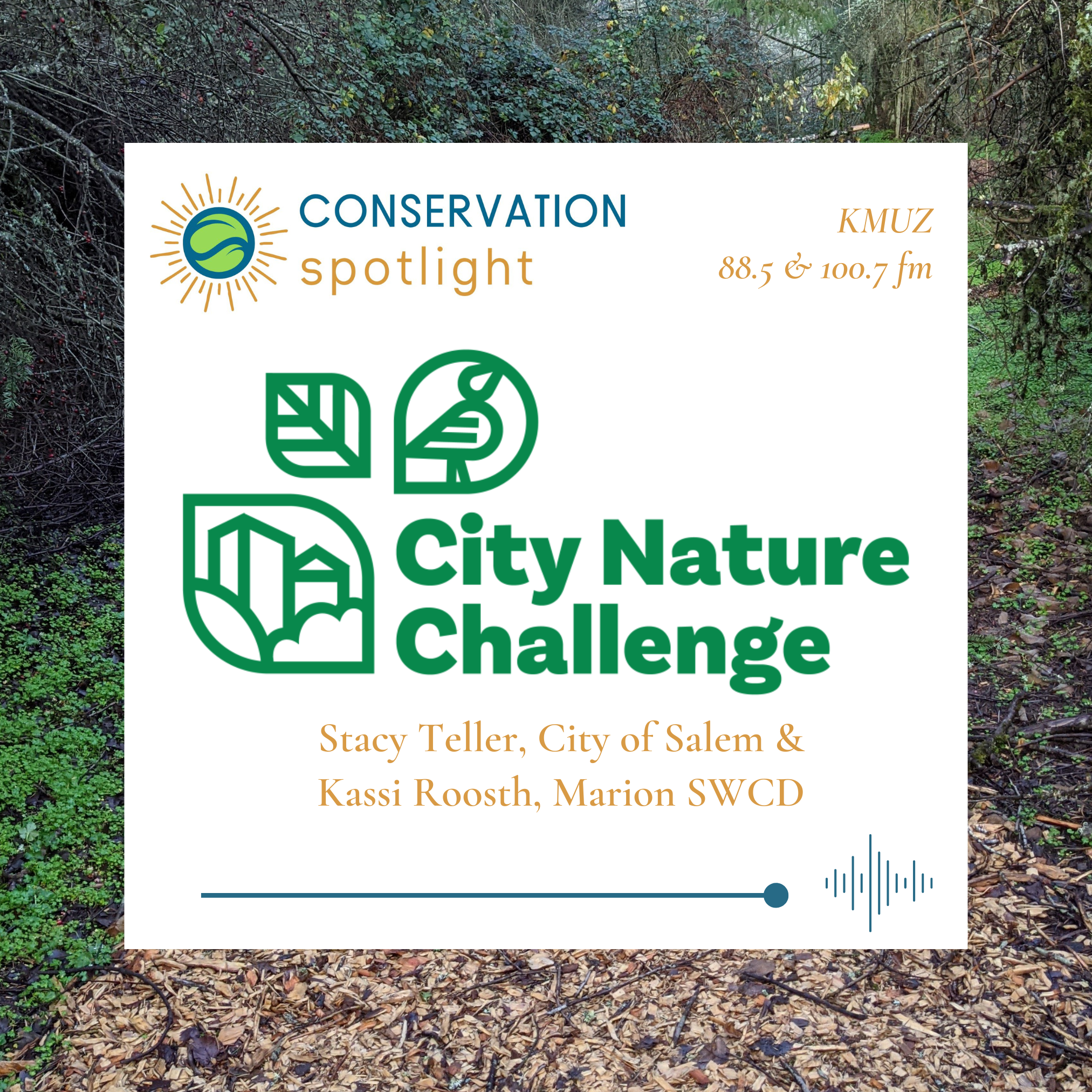 A woodland trail in background with the City Nature Challenge logo (green leaf shapes with buildings, bird, and leaf inside) up front announcing the March episode of Conservation Spotlight