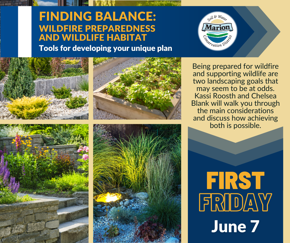 A graphic with the title: First Friday: Finding Balance: Wildfire Preparedness and Wildlife Habitat Tools for developing your unique plan. A talk aby MSWCD's Kassi Roosth and Chelsea Blank on June 7. Shows four images of different landscaping styles.