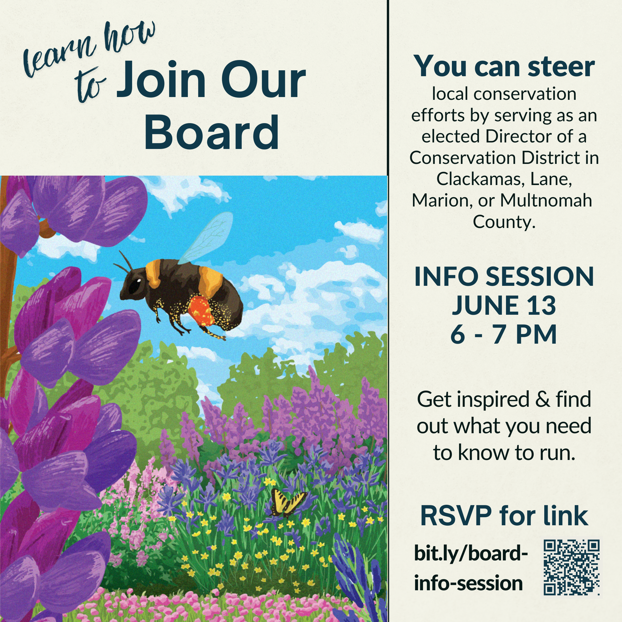 a square graphic with an image of a bee visiting a purple lupine flower in a naitve plant garden and info about the Learn How to Join Our Board webinar on June 13 at 6 pm RSVP at bit.ly/join-our-board