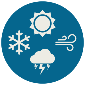 a dark blue circle with simple sun, snowflake, wind, and thunder cloud images.