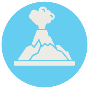 a ;ight blue circle icon with a simplistic erupting volcano