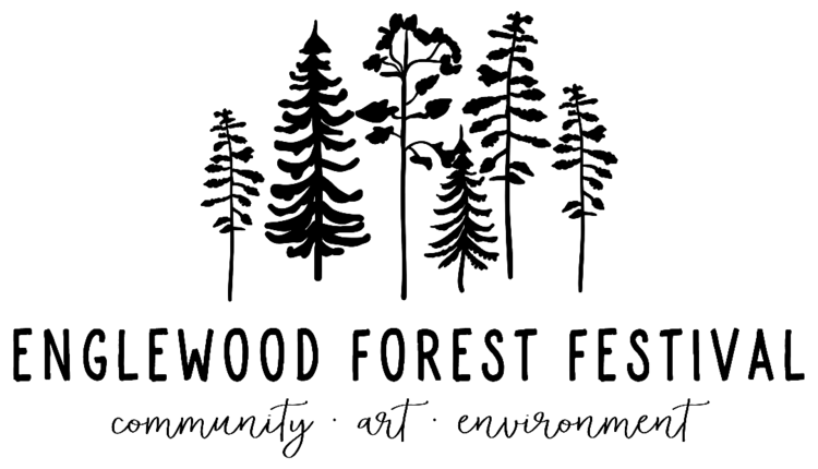 black line drawing of various conifers Words: Englewood Forest Festival community | art | envrionment