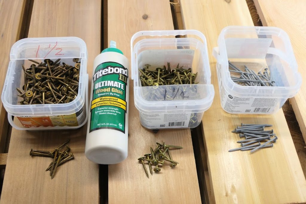 cedar wood, wood glue, and screws