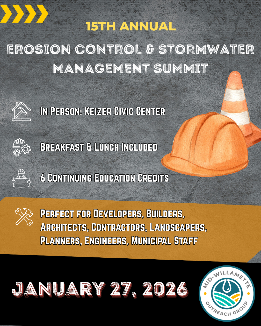 Event announcement, 15th annual erosion control and stormwater management summit, with hard hat and construction cone.