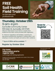 Flyer for soil health field training with picture of hand holding soil